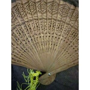 Vintage Hand Carved Wooden Folding Fan with Tassel and Gift Box Natural Wood